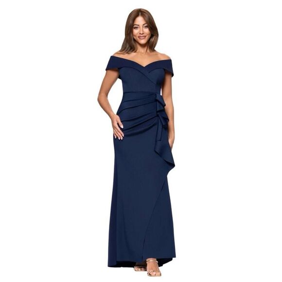 NWT XSCAPE Navy Patti Long Off the Shoulder Scuba Crepe Dress - Picture 2 of 10
